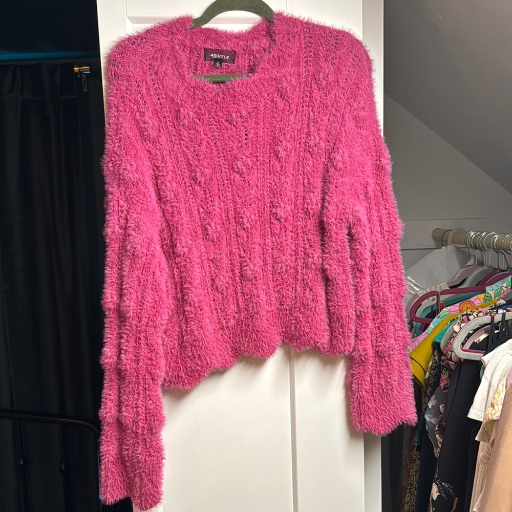 Pink Cable Knit Crew Neck Sweater